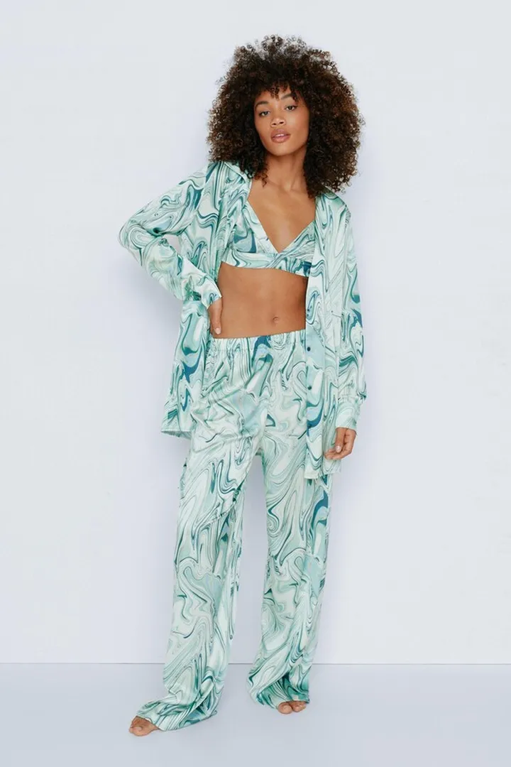 Nasty Gal Womens Satin Marble 3Pc Pajama Shirt & Pants Set