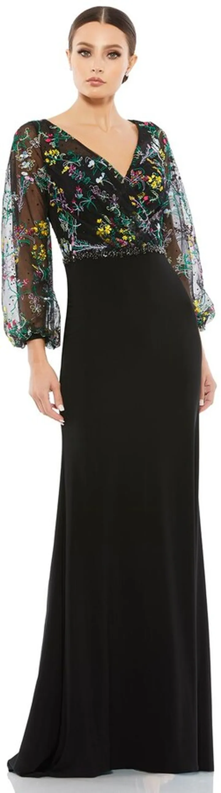 Embroidered Illusion Puff Sleeve Column Gown