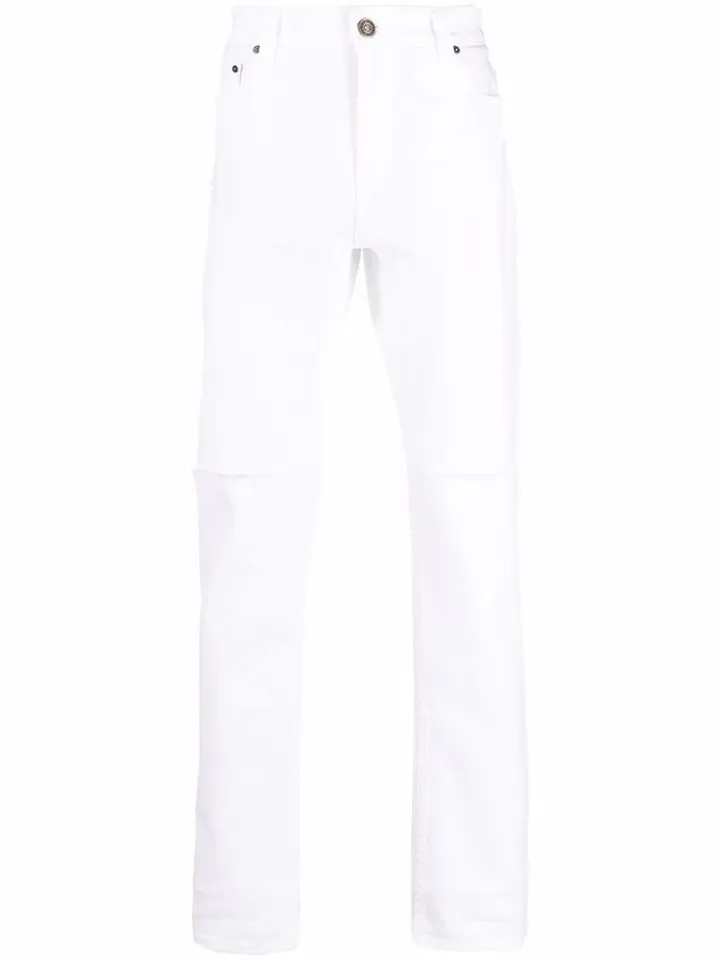 Distressed-Finish Straight-Leg Jeans