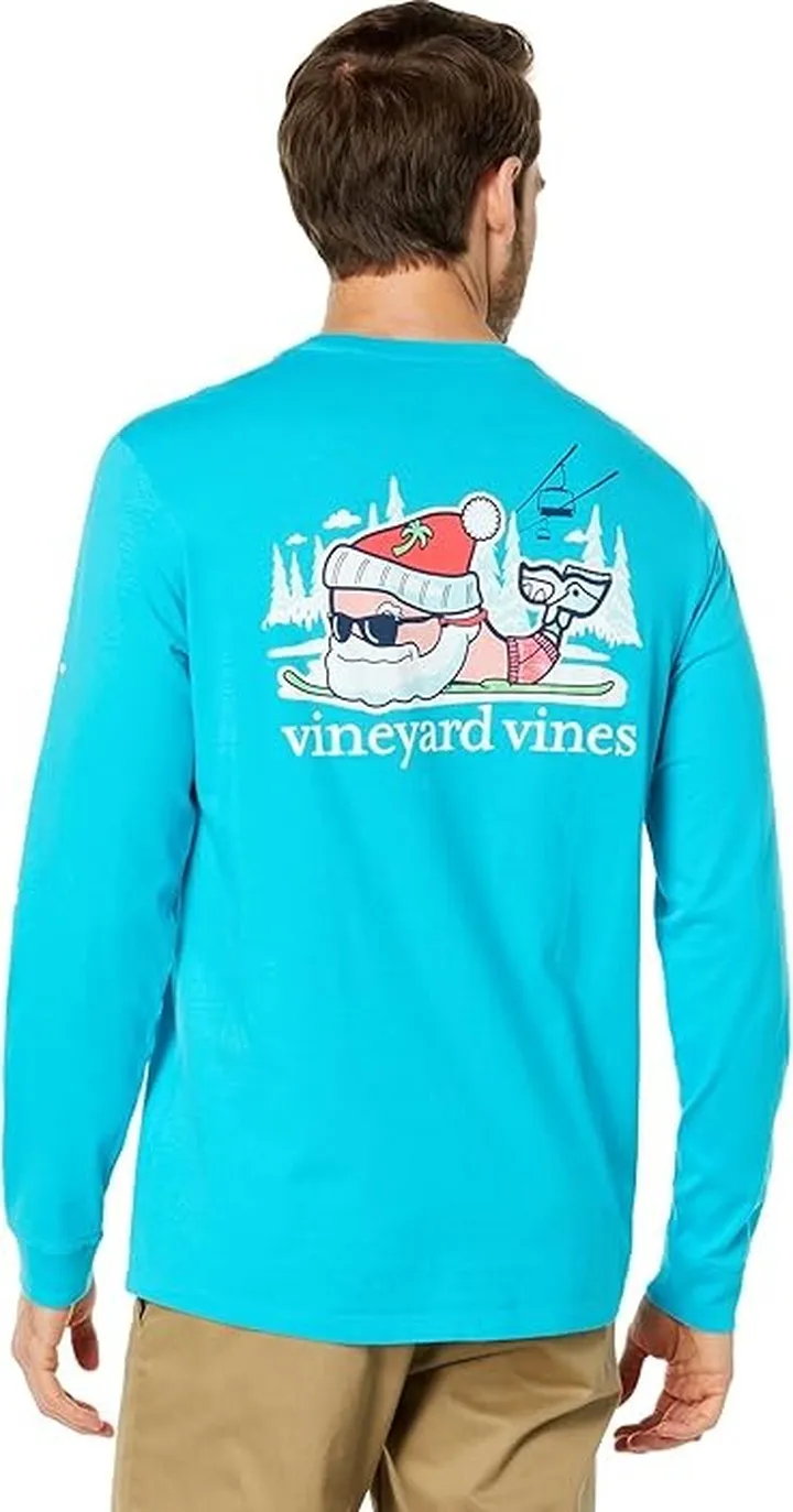 Vineyard Vines Santa Ski Whale Long Sleeve Pocket Tee (Bluebird) Men's Clothing