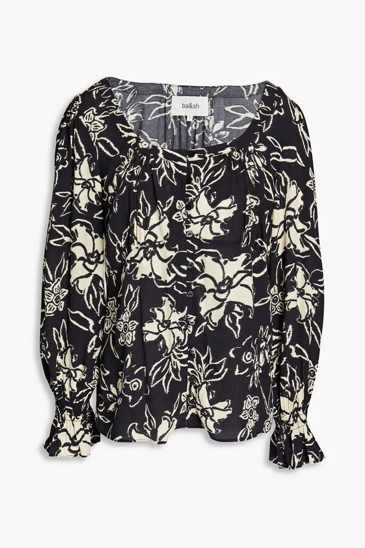 Gathered floral-print crepe blouse