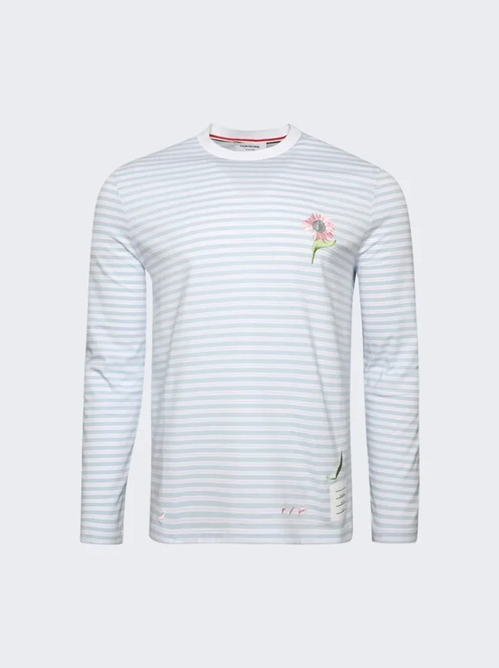 Long Sleeve T-Shirt with Flower Embroidery Light Blue
