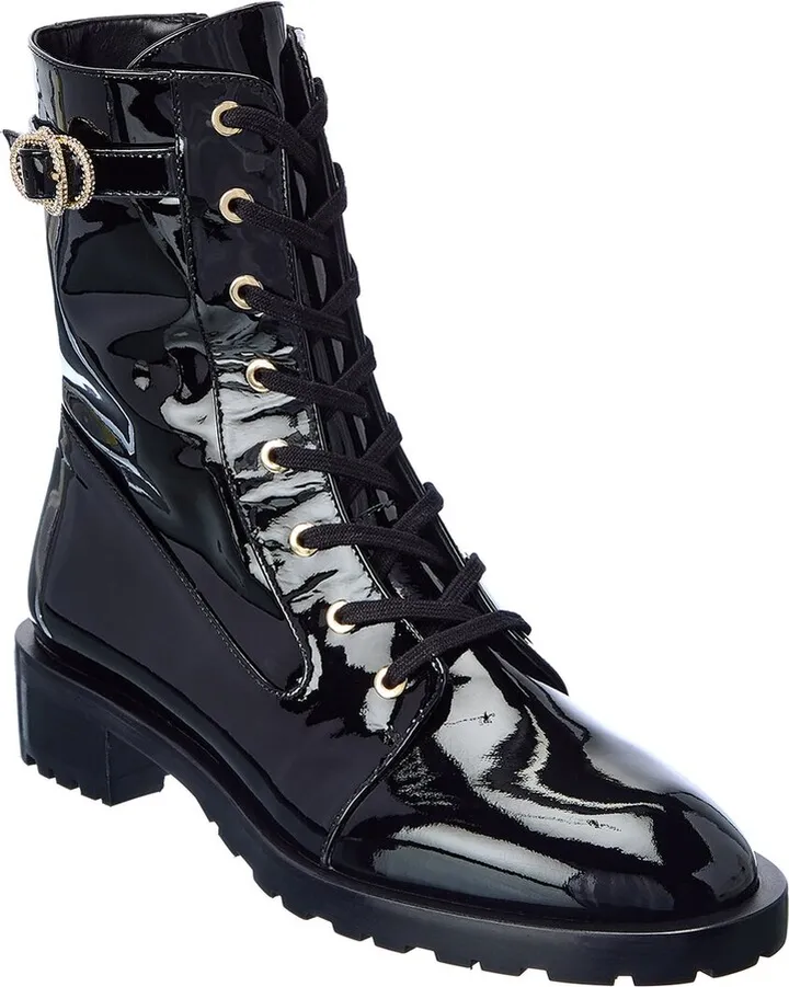 Stuart Weitzman Crystal Buckle Lace-Up Patent Bootie