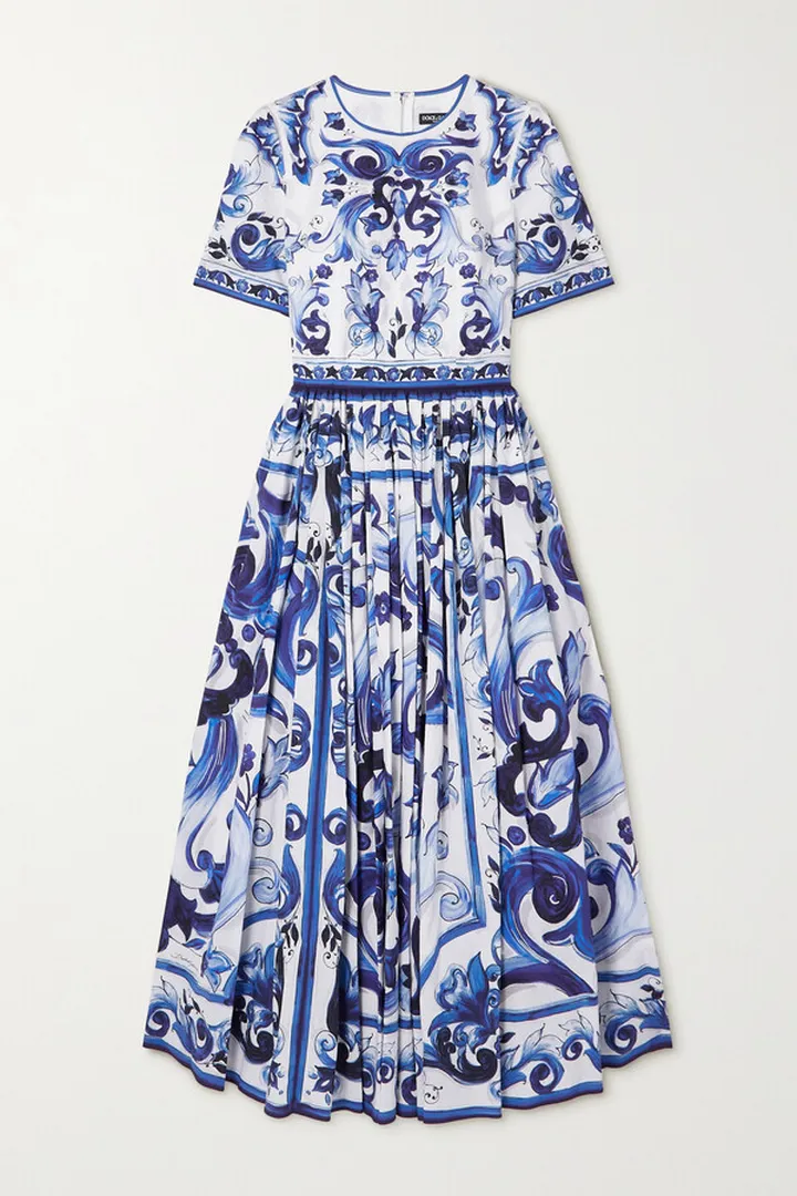 Dolce & Gabbana - Pleated Printed Cotton-poplin Midi Dress - Blue