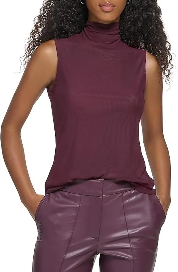 Calvin Klein Sleeveless Mesh Turtleneck (Port) Women's Clothing