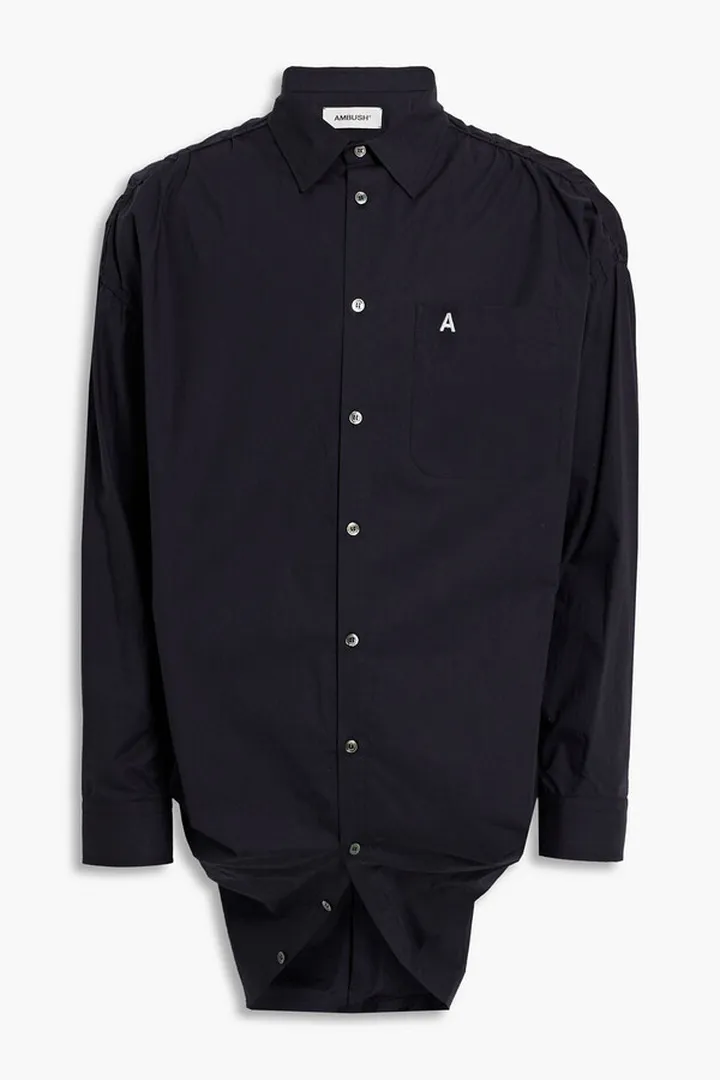 Embroidered ruched cotton-poplin shirt