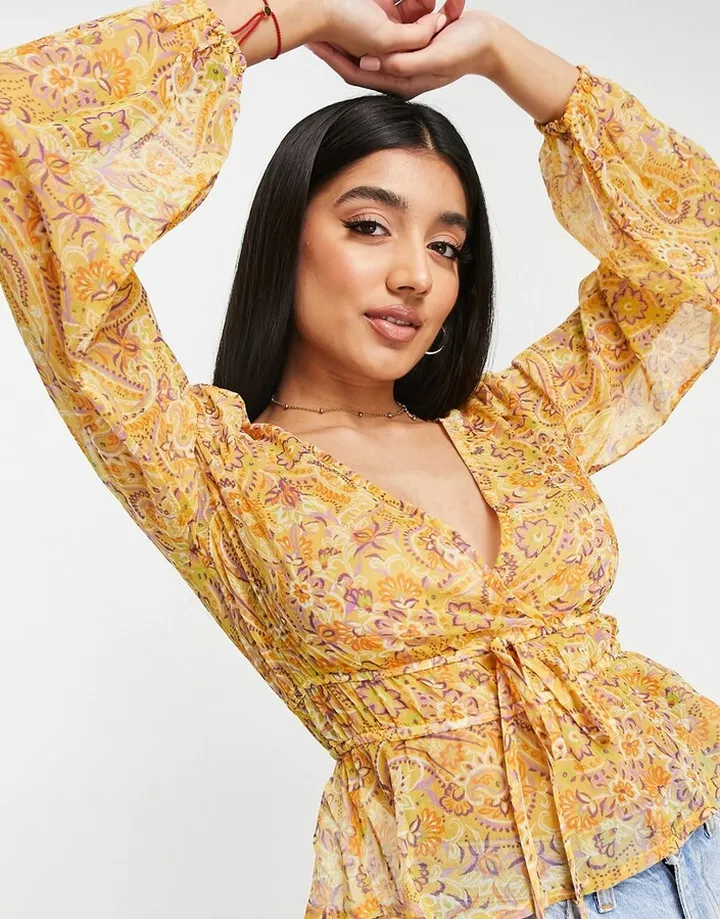 Stradivarius long sleeve paisley printed crossed blouse
