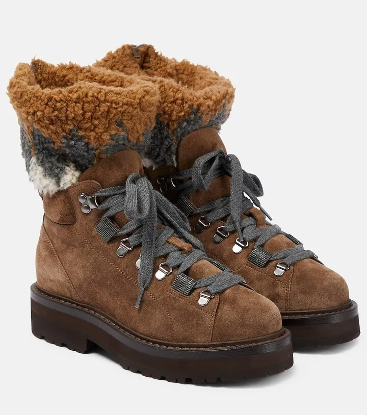 Suede shearling-trimmed hiking boots