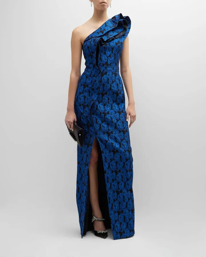 Jacquard Ruffle Trim Gown