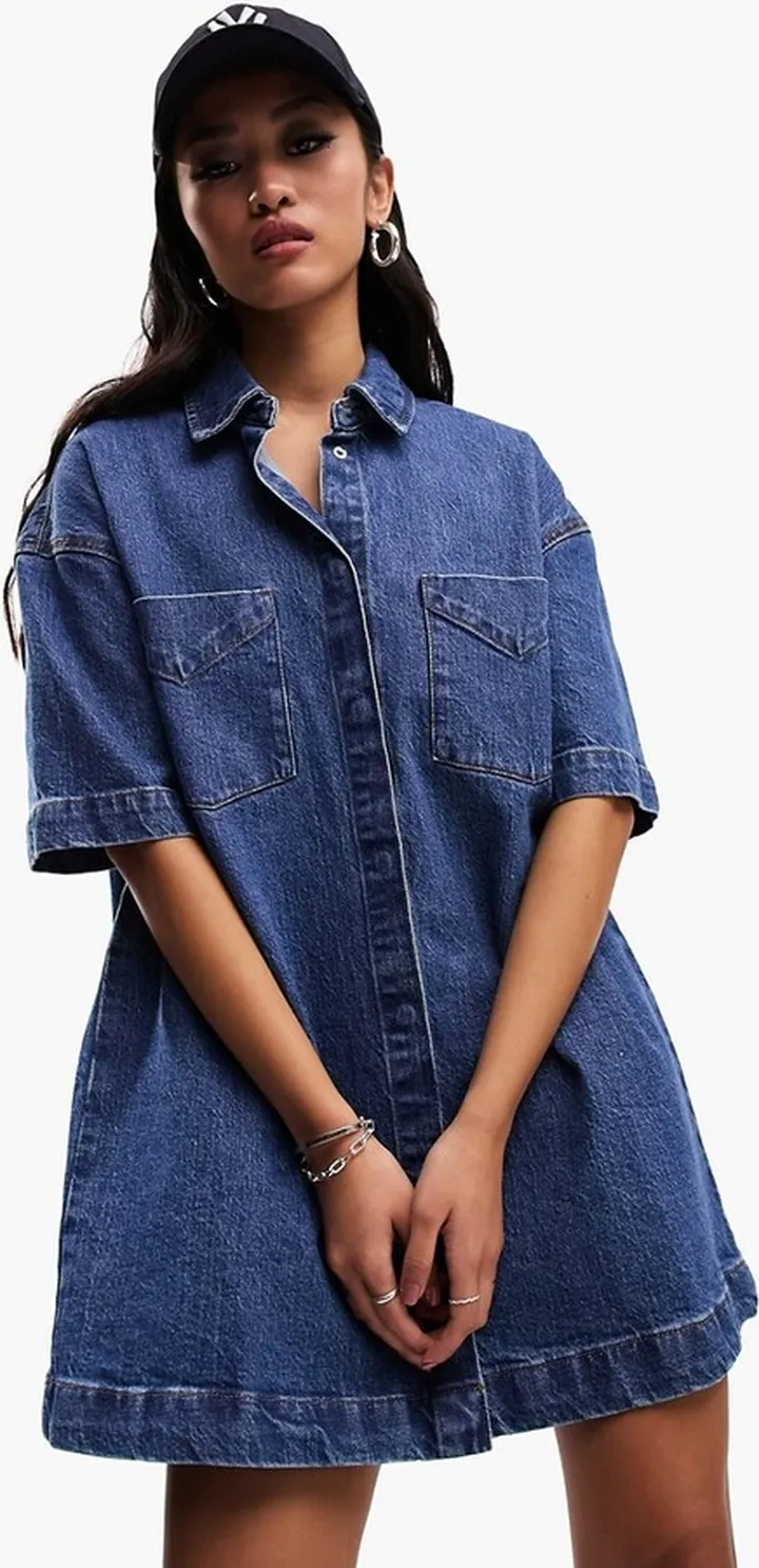 ASOS DESIGN short sleeve denim shirt dress in mid blue