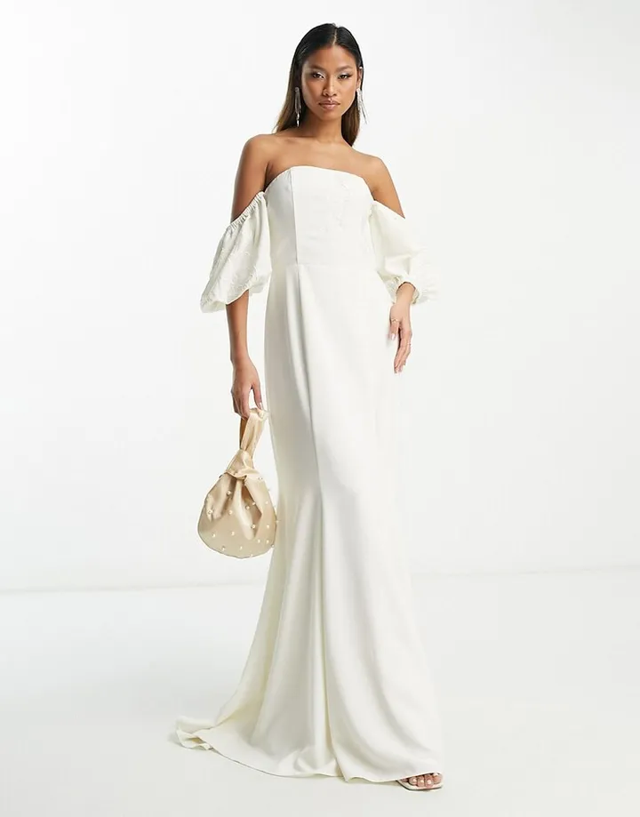 Hope & Ivy Bridal puff sleeve fishtail maxi dress in ivory
