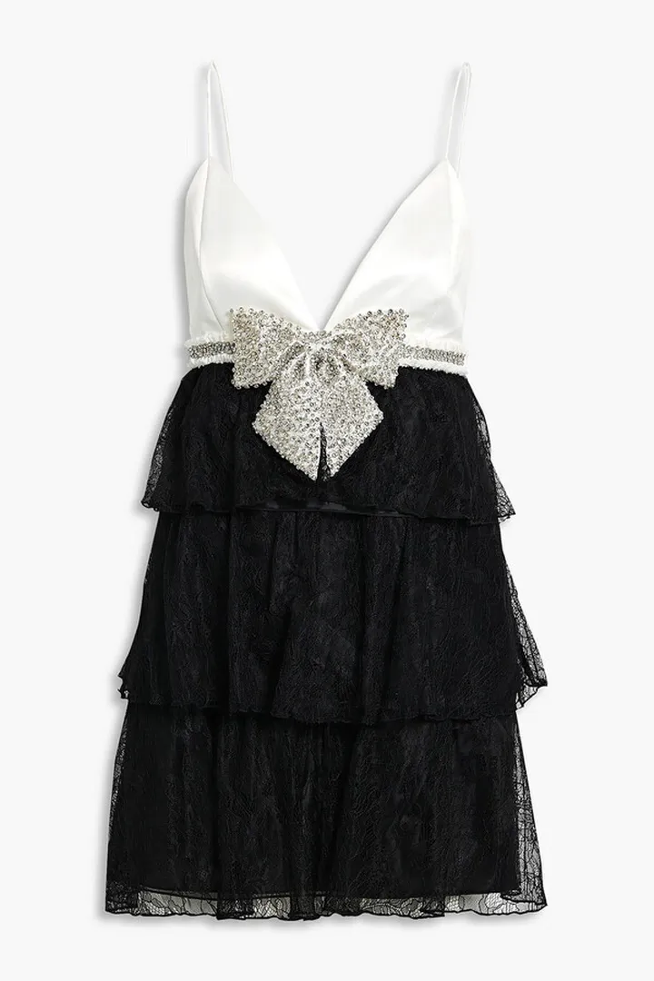 Cairo bow-embellished satin-paneled corded lace mini dress