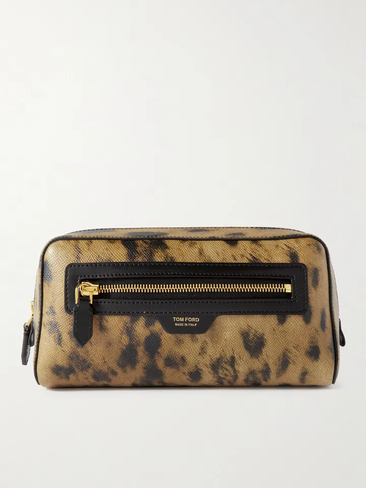 Leopard-Print Full-Grain Leather Wash Bag