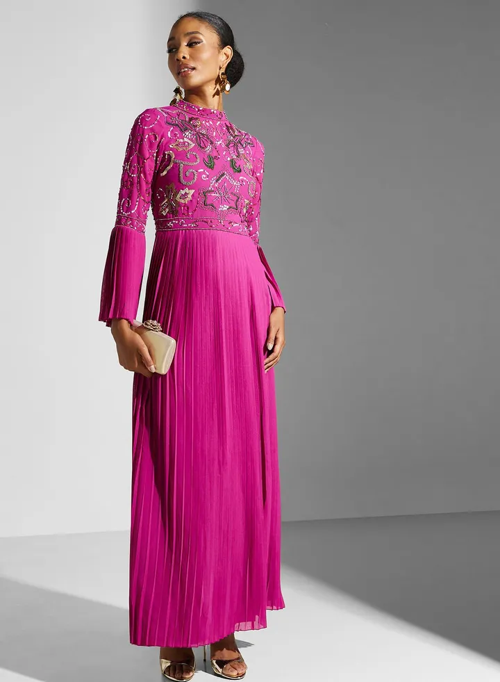 Embroidered Pleated Dress