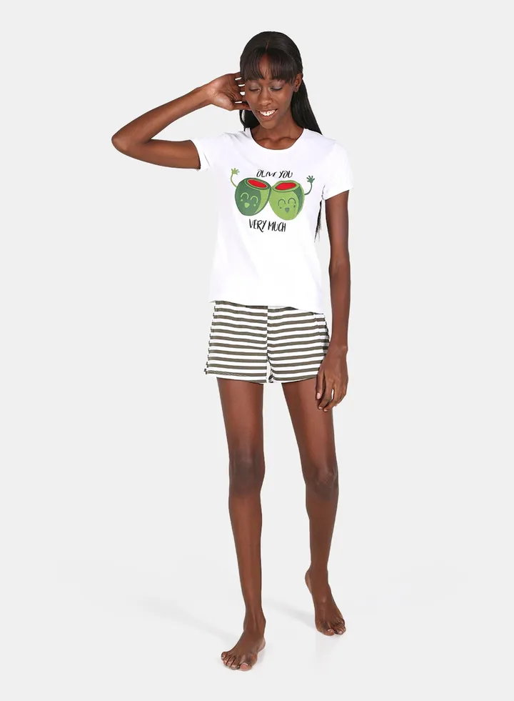 Casual Knit Top With Shorts Set White/Green