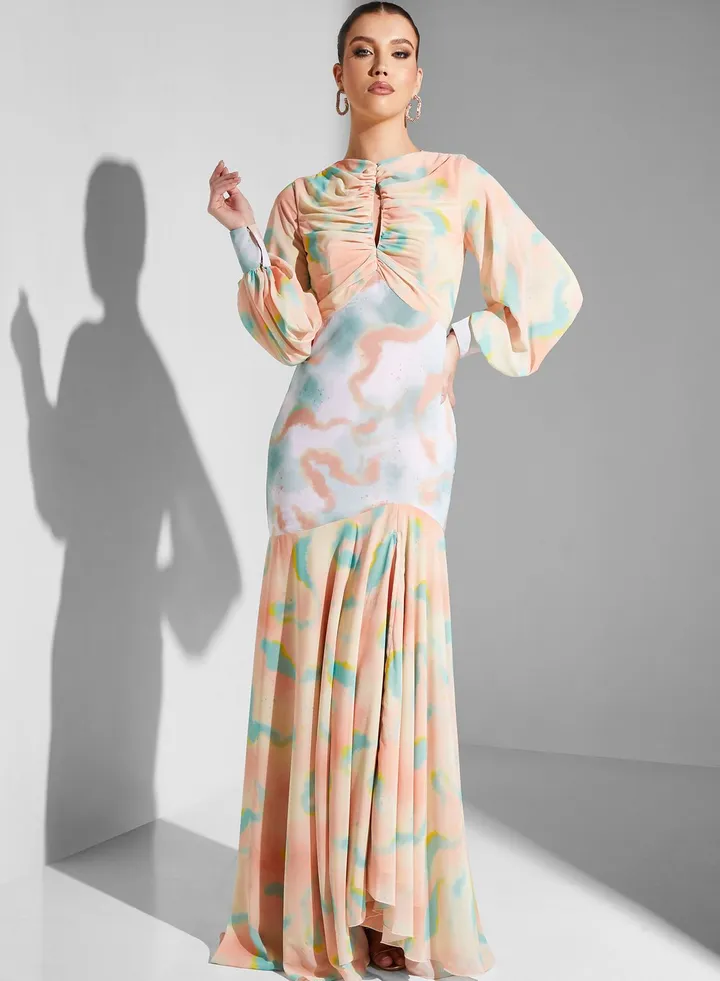 Keyhole Neck Puff Sleeve Printed Dress