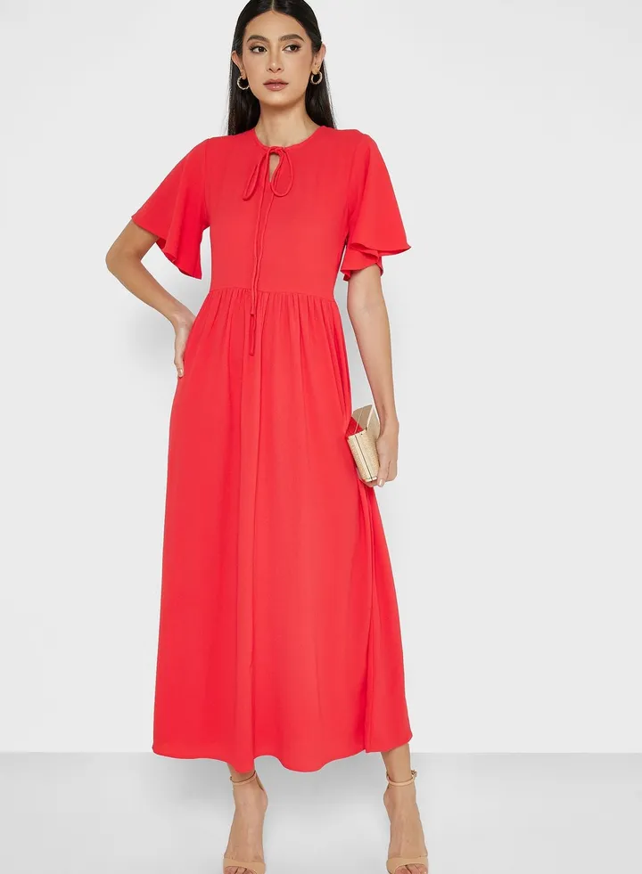 Tie Neck Flared Dress