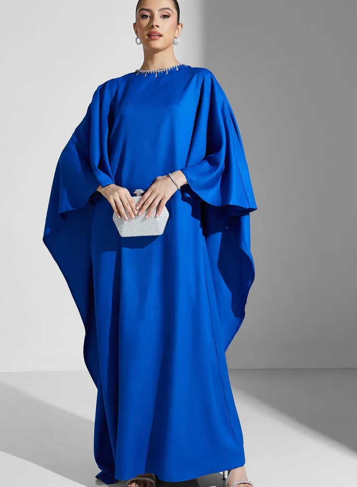 Hadia Ghaleb Flared Sleeve Gown With Embellished Neck