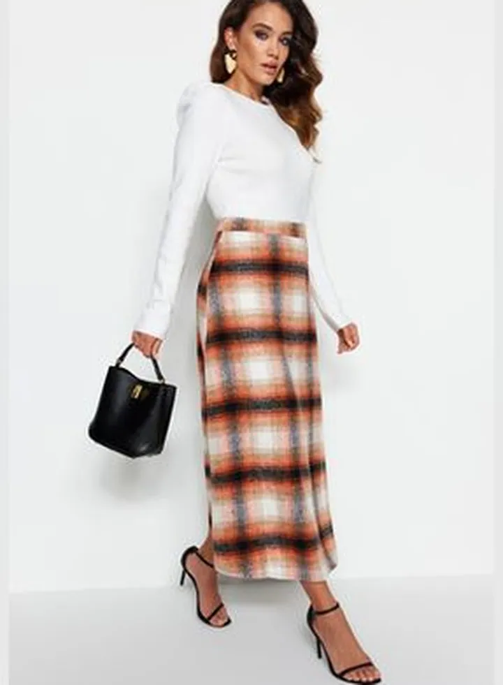 Orange Plaid Winter Skirt TCTAW22EE0006