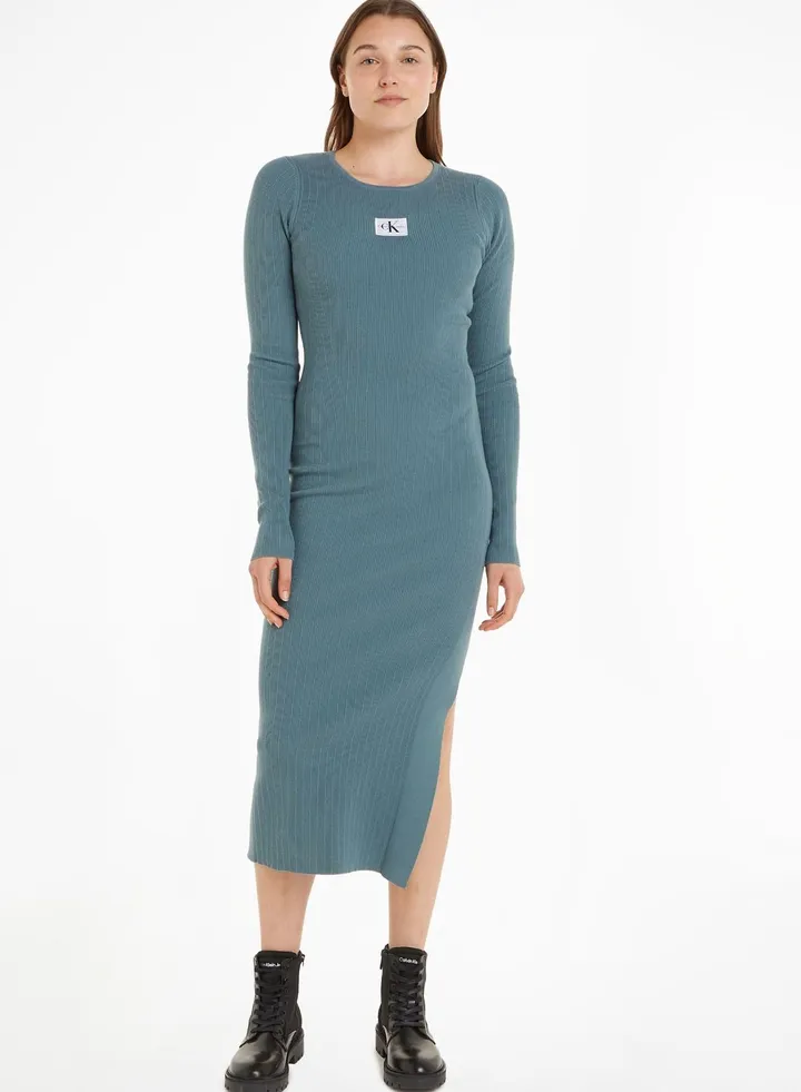 Crew Neck Ribbed Sweater Dress