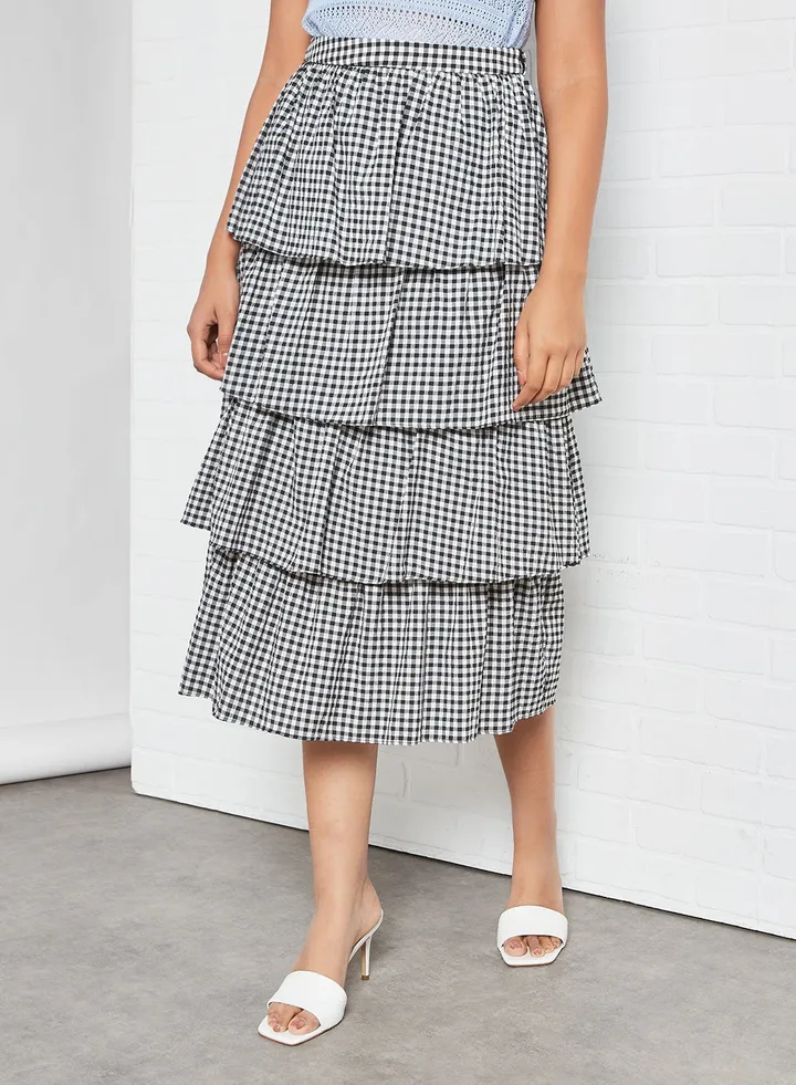 Gingham Print High Waist Skirt Black/White