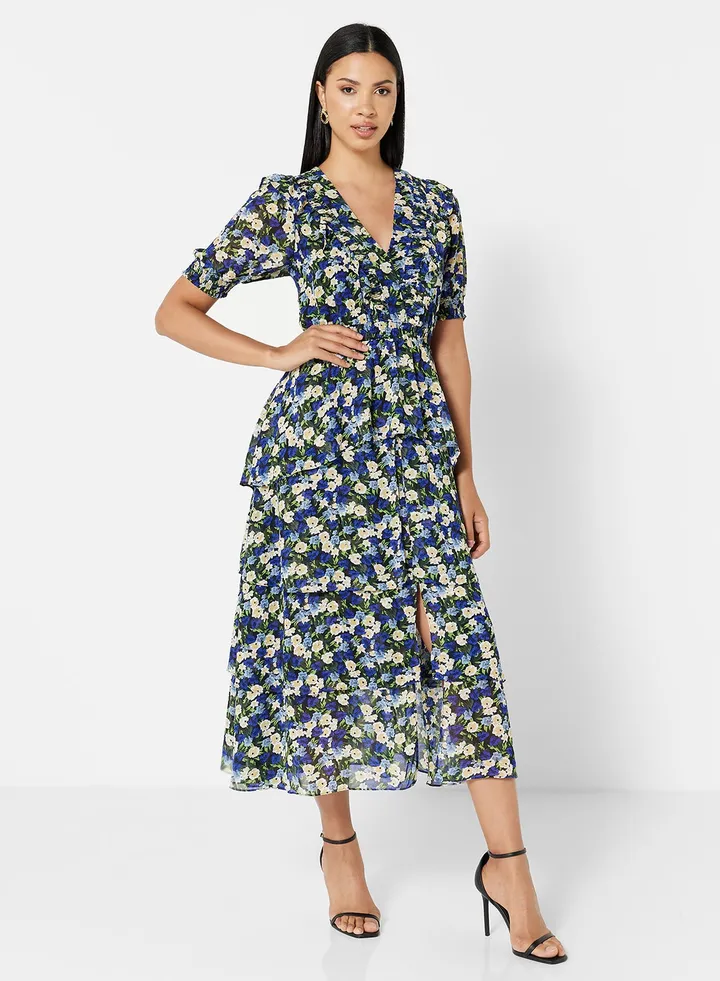 Floral Print Ruffle Detail Dress Blue/Beige