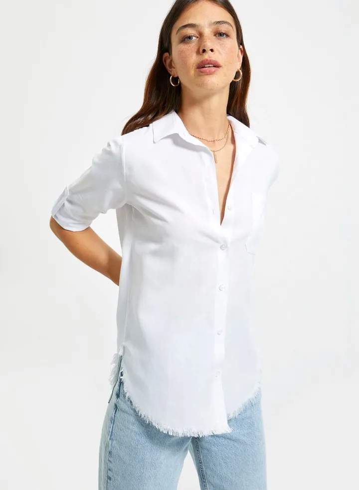 Roll Sleeve Tassel Hem Shirt