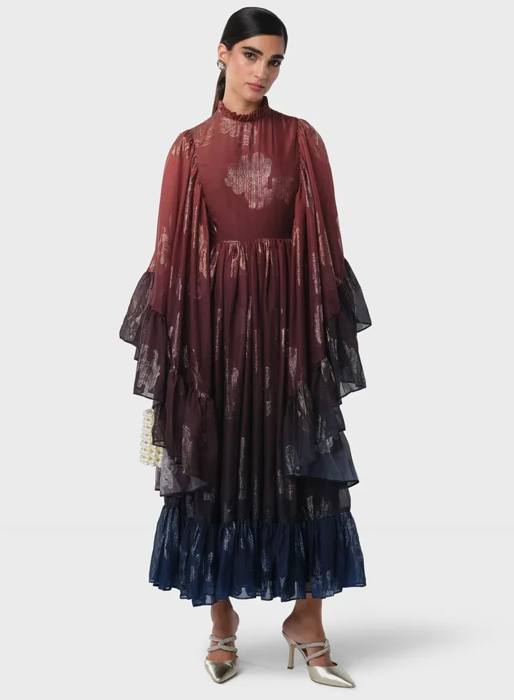 Ombre Foil Print Big Sleeve Dress