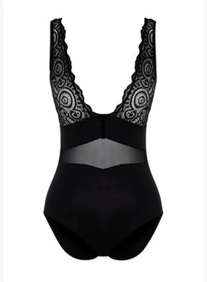 Black Polyamide Lace Detailed Capless Underwear Body