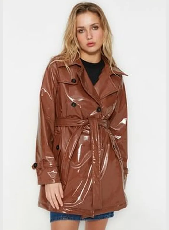 Dark Brown Belted Shiny Trench Coat TWOSS23TR00009