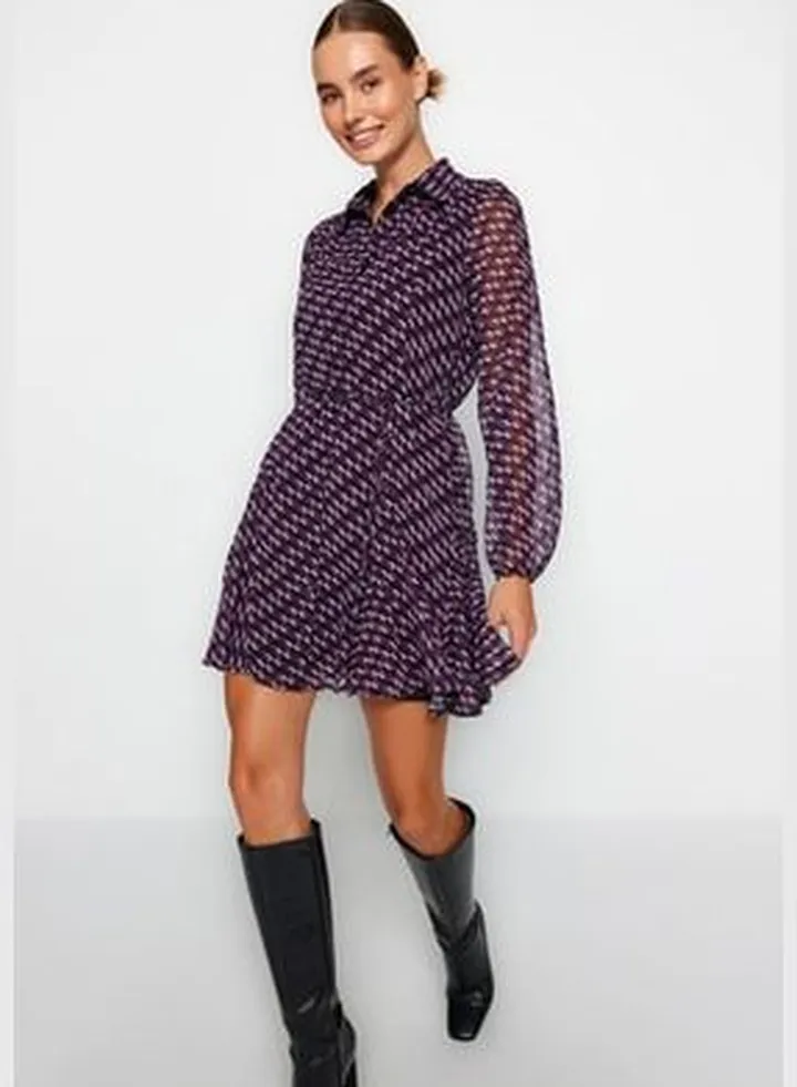 Claret Red Belted Skirt, Voluminous Lined Chiffon Woven Shirt Dress TWOAW24EL00247.