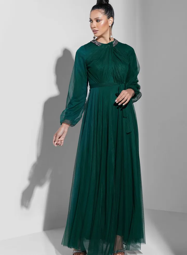 Embellished Neck Belted Tulle Dress