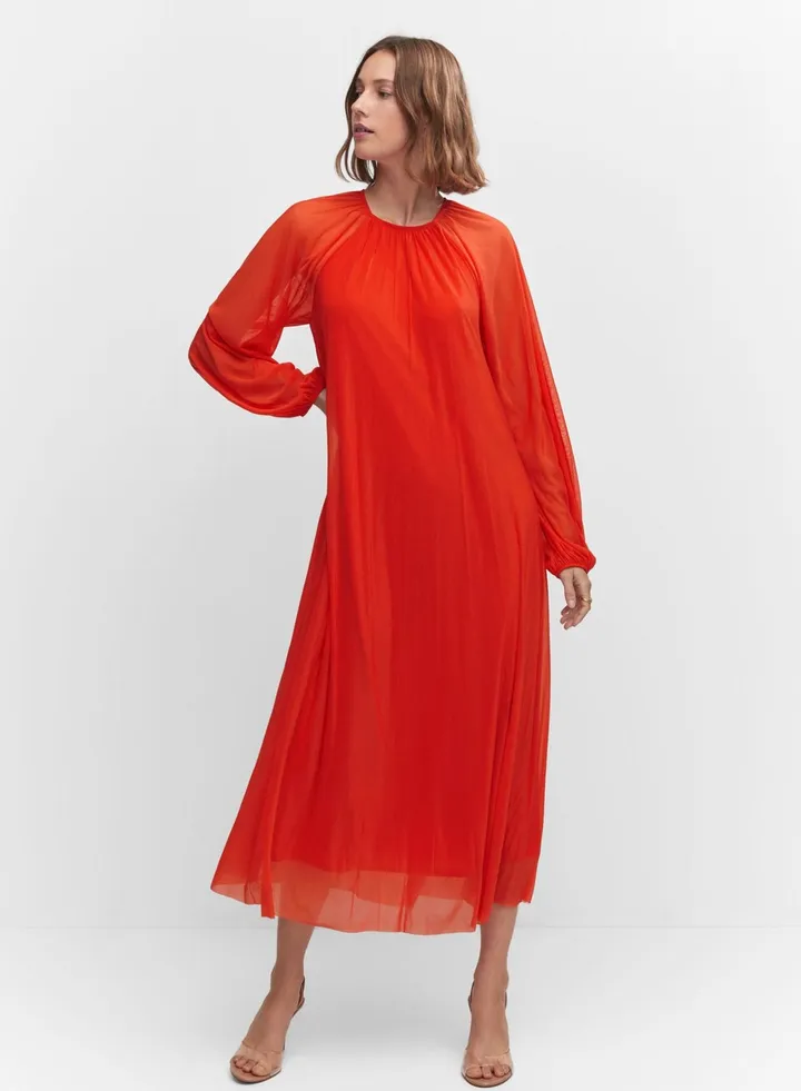 Puff Sleeve Mesh Detail Dress