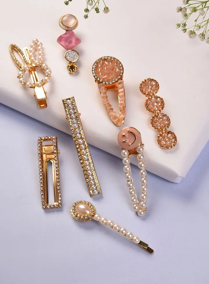Pack of 8 Gold Plated Designer Stone Pearl Hair Pin