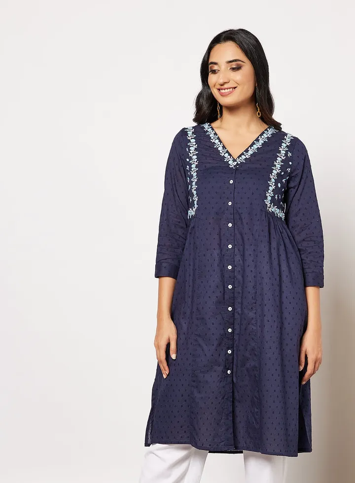 Embroidered Plumeti Kurta Navy