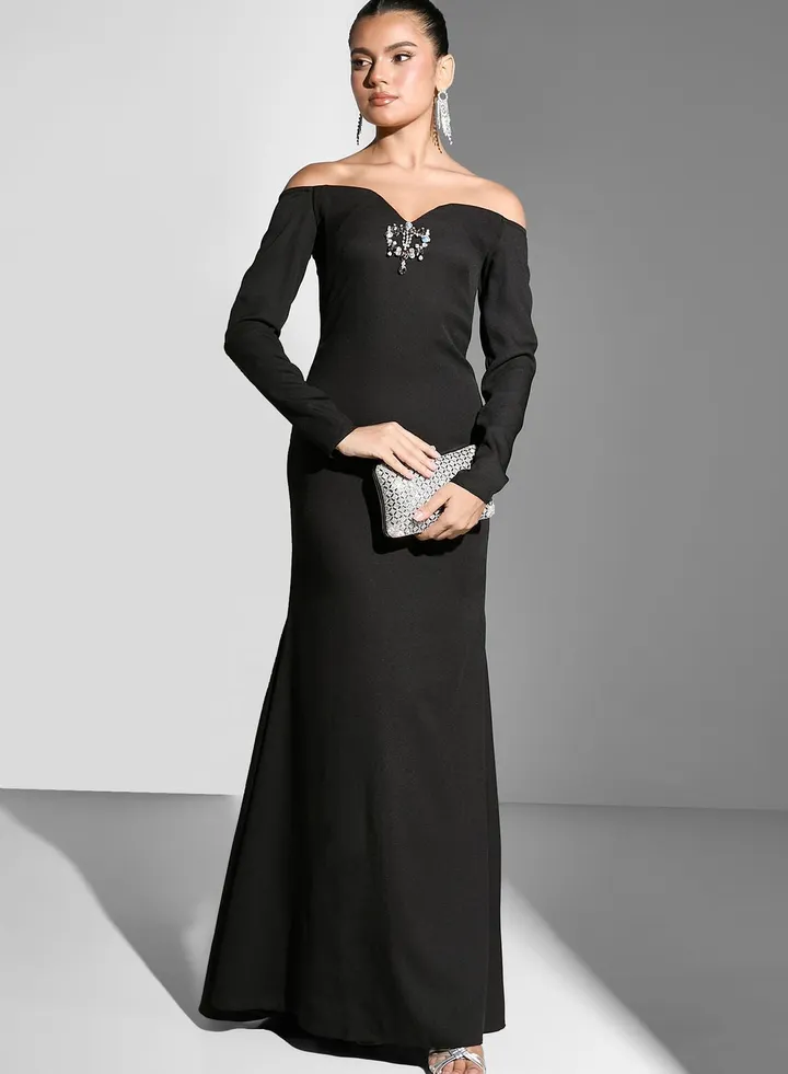 Bardot Plunge Gown With Embellishment