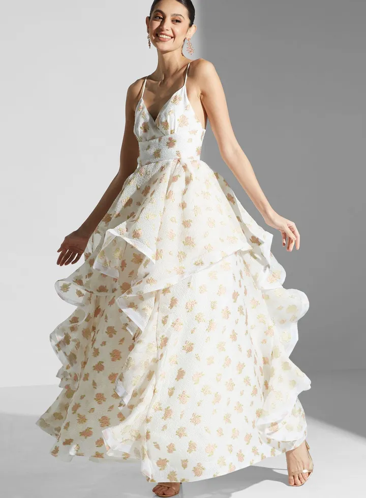 Floral Organza Layered Ruffle Maxi Dress