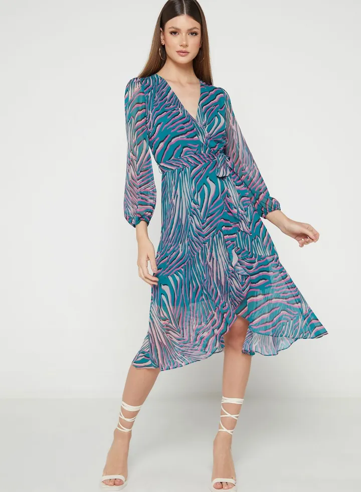 Asymmetrical Hem Puff Sleeve Printed Dress
