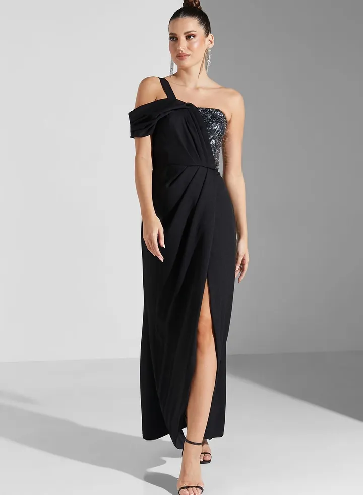 Sabrina Shimmer Bust Off Shoulder Slit Dress