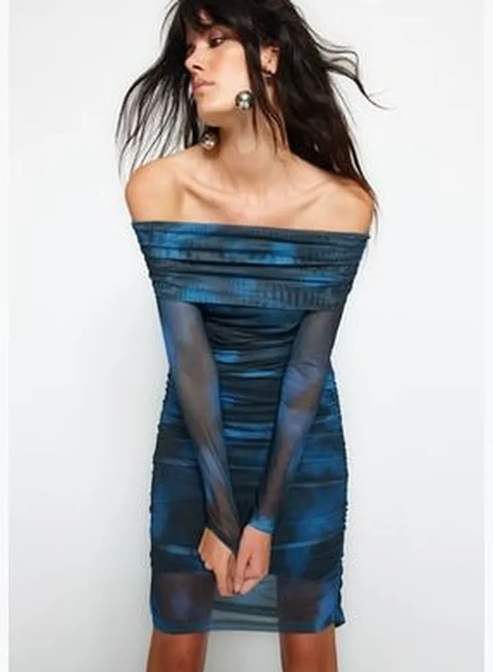 Blue Carmen Collar, fitted, Tulle Lined Midi Pleated Knitted Dress TWOAW24EL00146