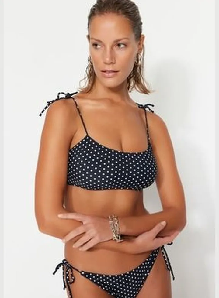 Black Polka Dot Bralette Tied Bikini Top TBESS21BU0272