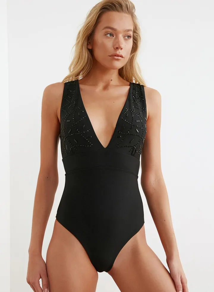 Embellished Plunge Swimsuit