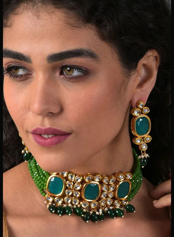Gold Plated Kundan & Beads Necklace and Earrings Set