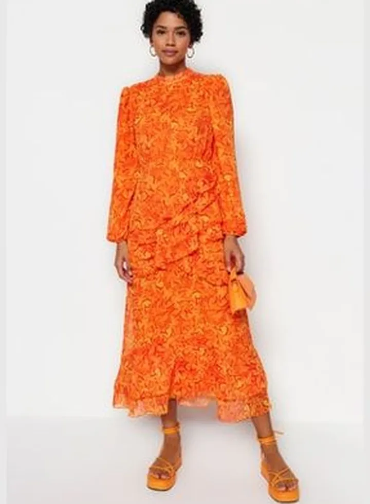 Frill Lined Woven Chiffon Dress With An Orange Floral Skirt TCTSS23EB00160