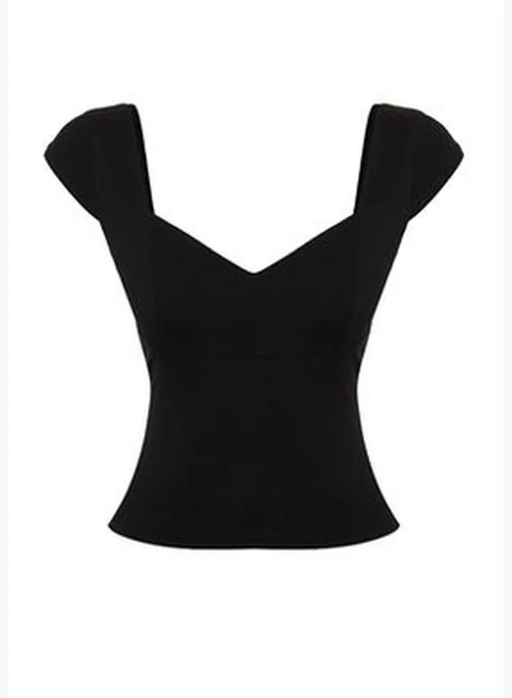 Black Heart Neck Fitted Cotton Stretch Knitted Blouse TWOSS24BZ00113