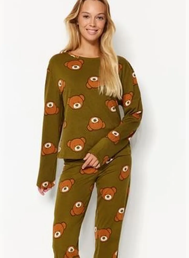 Khaki 100% Cotton Teddy Bear Printed Tshirt-Pants Knitted Pajamas Set