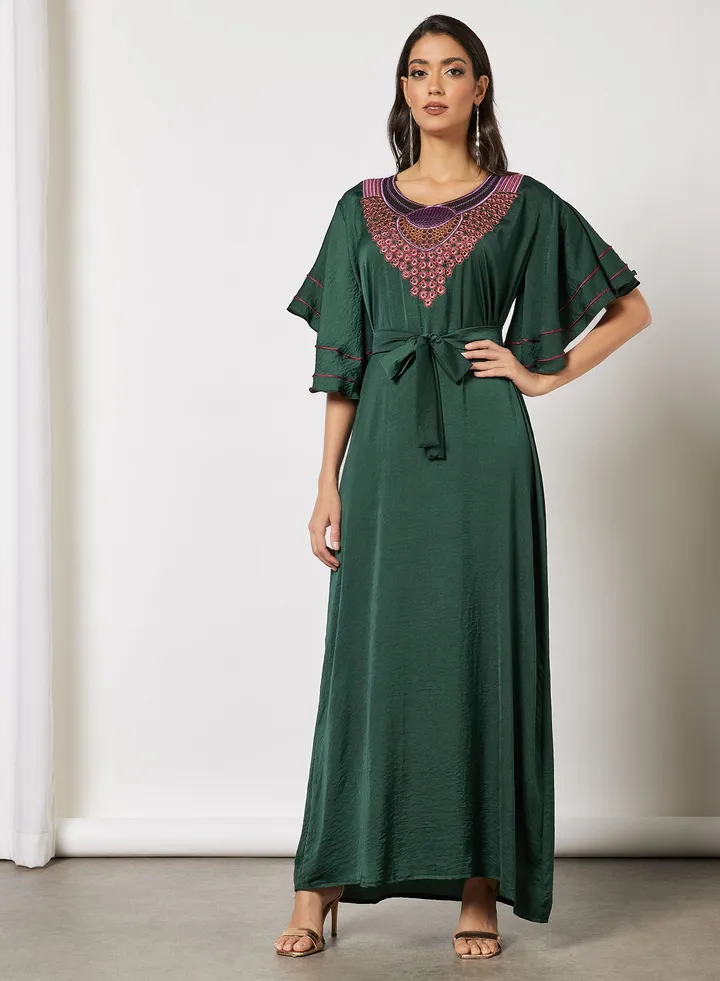 Ruffled Sleeve Jalabiya With Peacock Embroidery And Belt