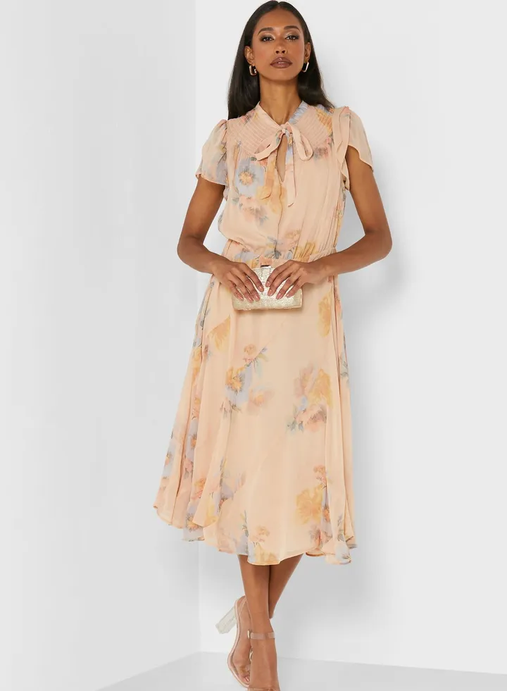 Printed Pleat Detail Dress