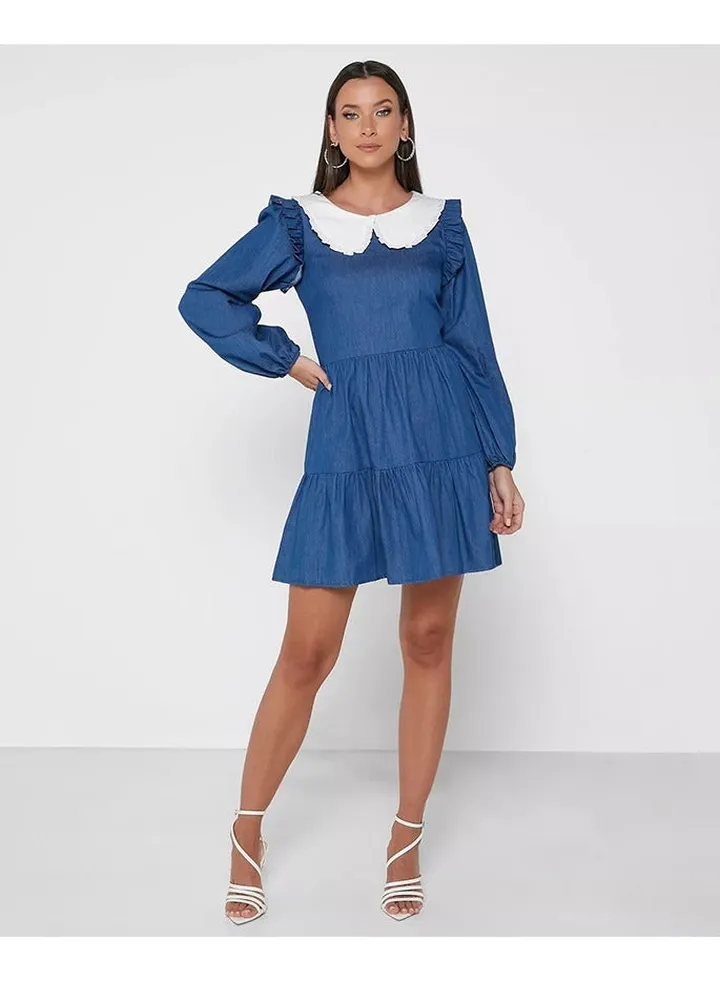 Little Mistress Denim Tiered Shift Dress With Peter Pan Collar