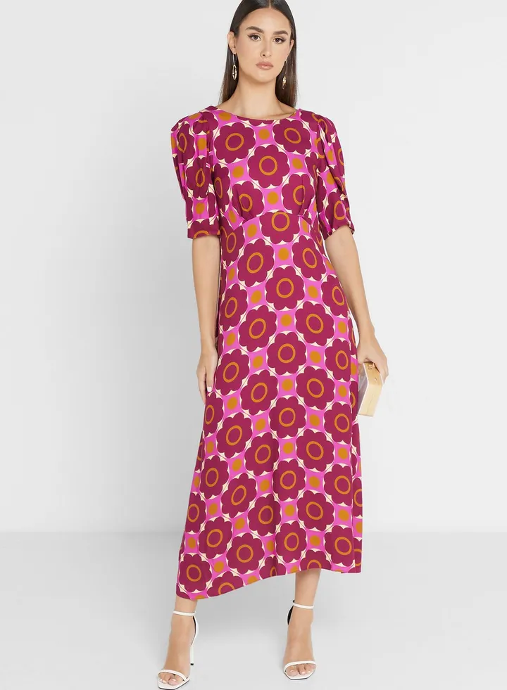 Puff Sleeve Floral Print Dress